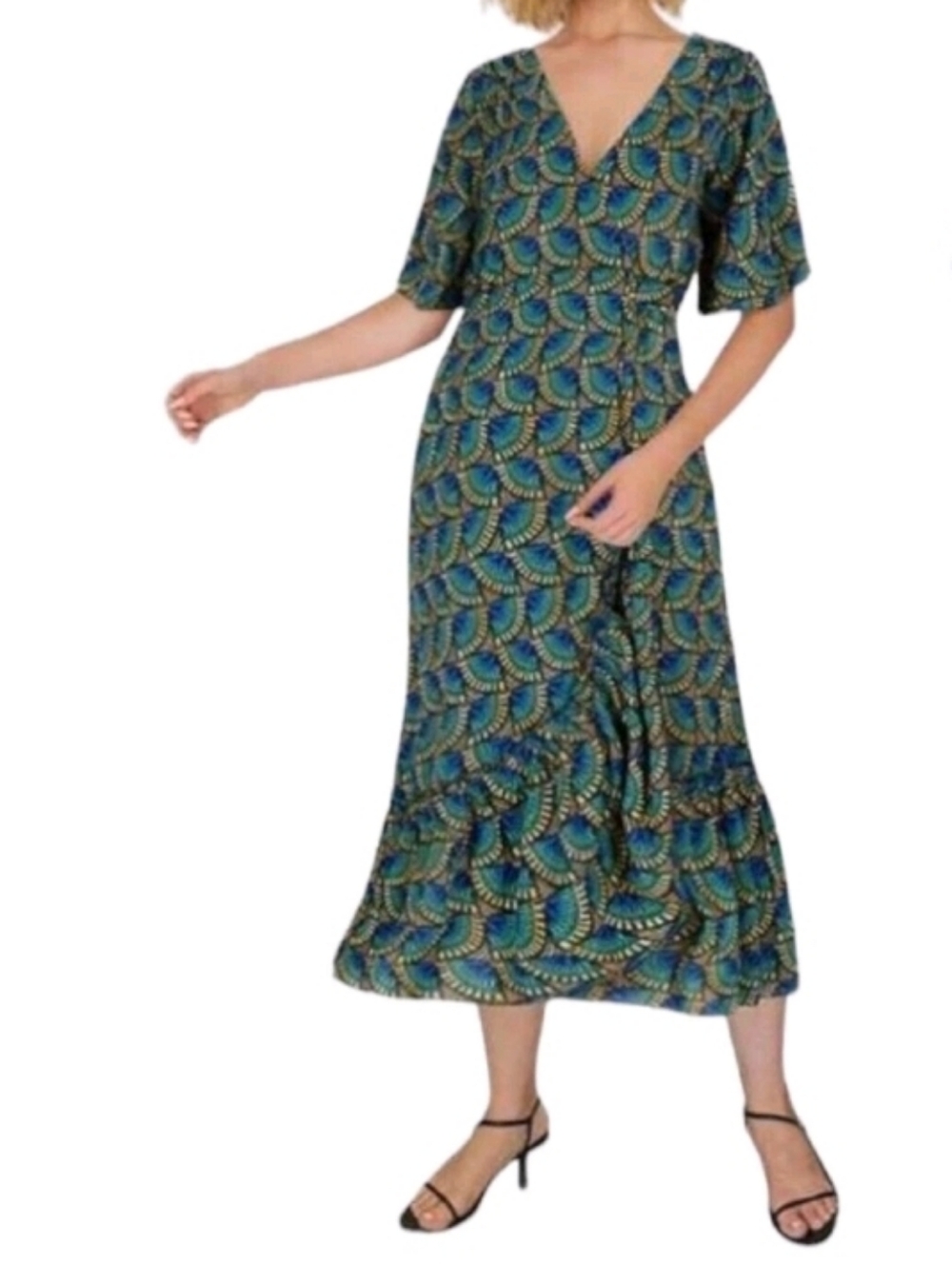 Silk & Salt Journey V-Neck  Green Patterned Maxi Wrap Dress Size L NWT